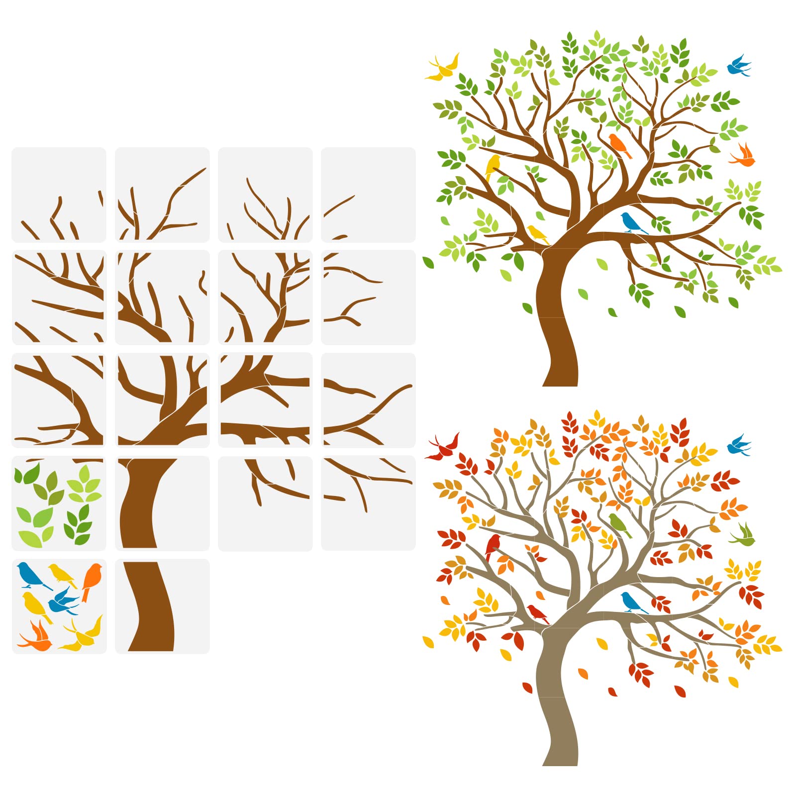 FINGERINSPIRE 18 pcs Tree Stencils for Painting 30x30cm Reusable Family Tree Drawing Template 150x120cm/59x47inch Life Tree and Birds Stencil for Wall for Paing on Wood, Floor, Furniture