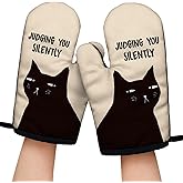 Judging You Silently Funny Black Cat Oven Mitts with Hanging Loop and Silicone Non-Slip, Cute Cat Baking Kitchen Utensils 2-Piece Set, Gifts for Mom Aunt Sister BFF Cat Lover Colleague