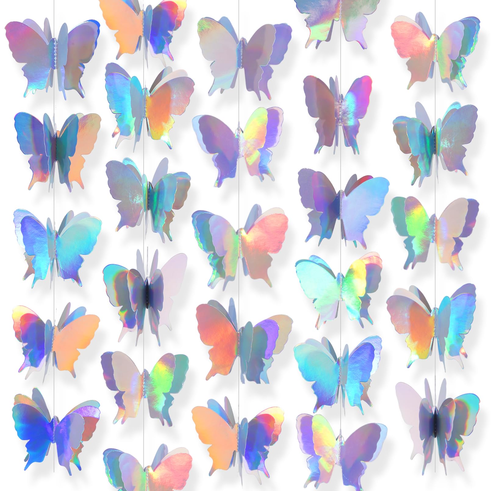 10m 3D Iridescent Butterfly Garlands Hanging Paper Streamers Iridescent Party Decorations Butterfly Birthday Decorations for Baby Shower Birthday Party Wedding Home Decor