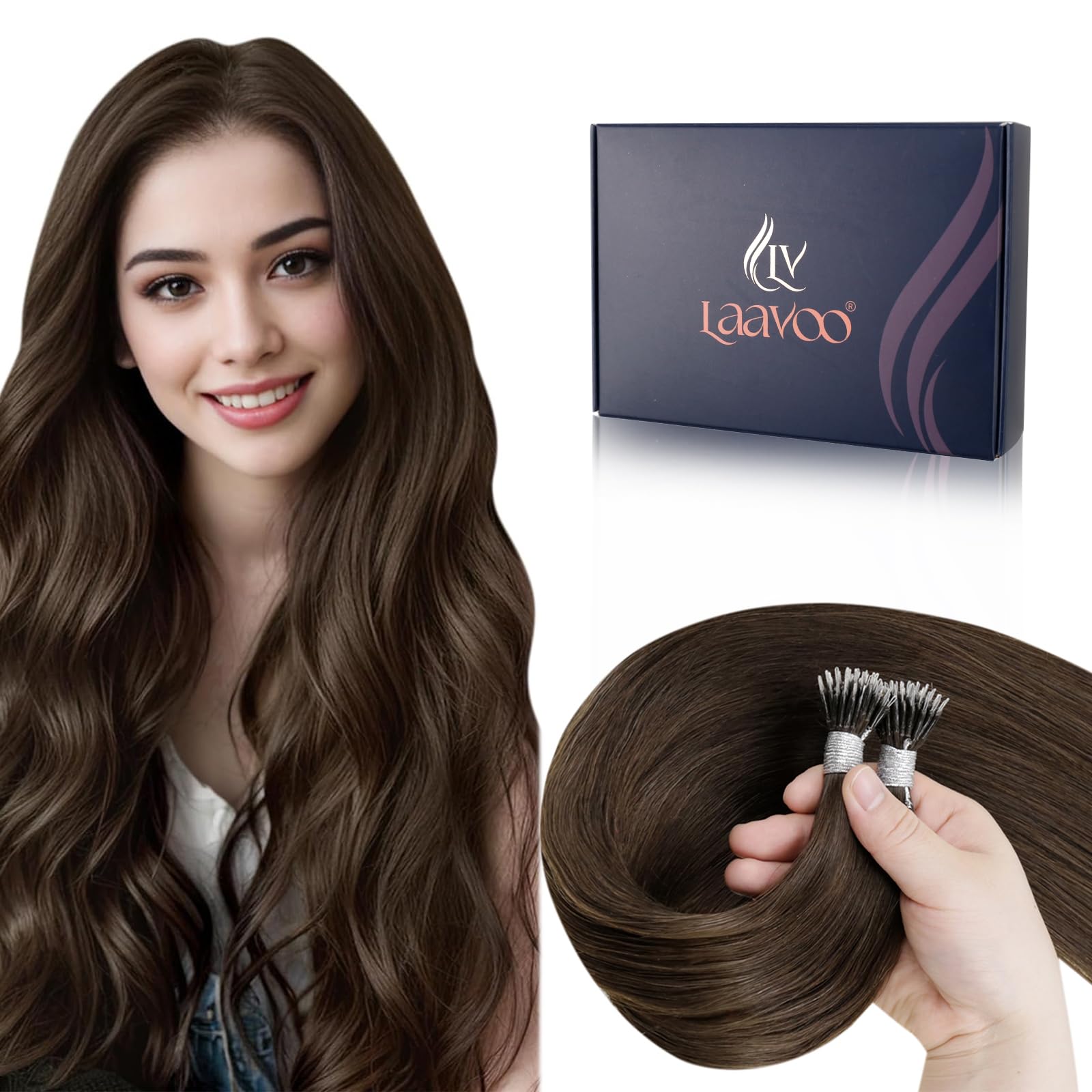 LaaVoo Nano Hair Extensions Real Human Hair Dark Brown Nano Beads Hair Extensions 16 Inch Invisible Nano Ring Straight Remy Hair 50g 50s #4 — image 1