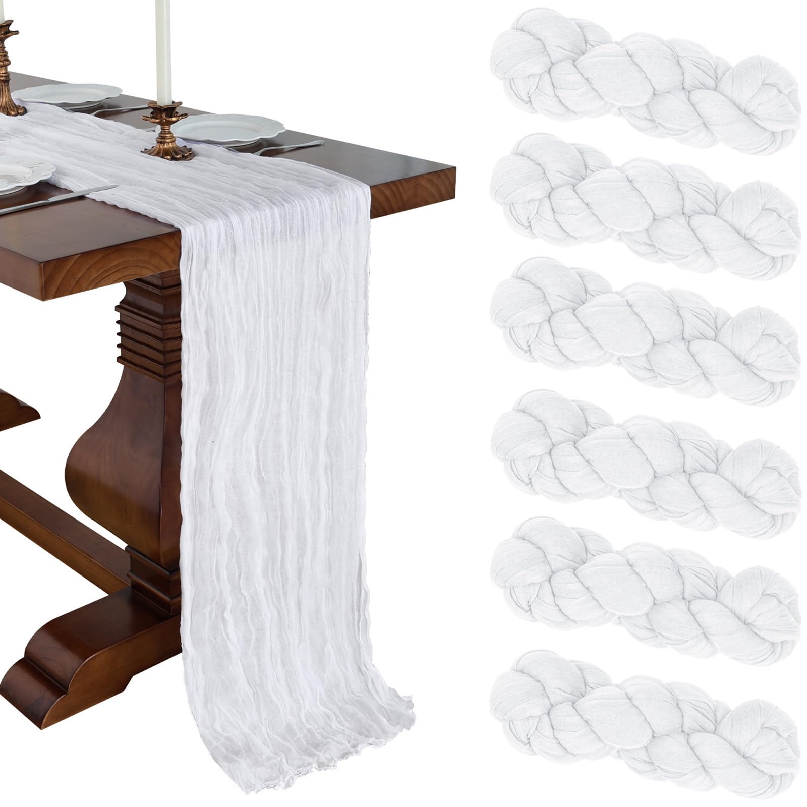 Photo 1 of 6 Pack 10FT White Cheesecloth Table Runner 120 Inch Long Gauze Rustic Boho Cheese Cloth Table Runner Sheer Fabric for Wedding Party Birthday Bridal Baby Shower Centerpiece Home Decor