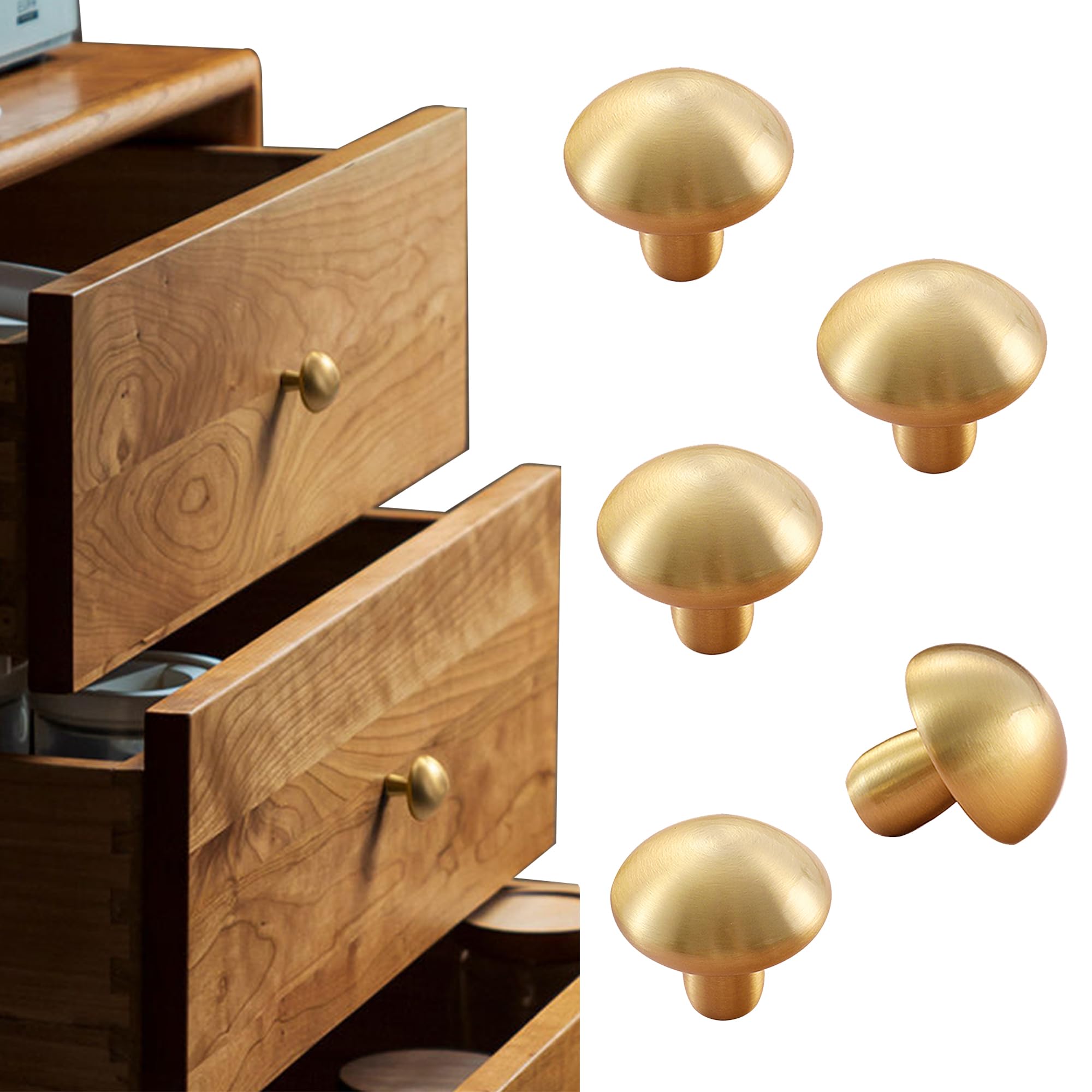 Flybath Drawer Knobs 5 Pack Mushroom Shape Solid Brass Kitchen Cabinet Cupboard Gold Knobs Cute Furniture Handles, Brushed Brass