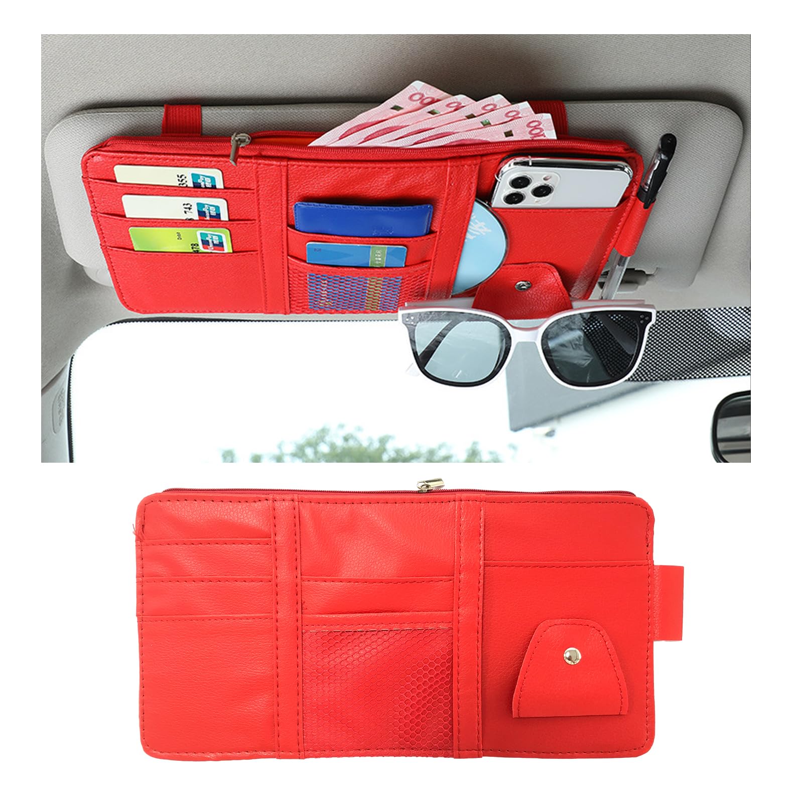 Photo 1 of Augeny Car Sun Visor Organizer, Leather Multi-Pocket Auto Visor Storage Pocket Pouch Holder with Zipper, Vehicle Interior Accessories for Car Truck SUV Sun Visor Case Bag (Red)