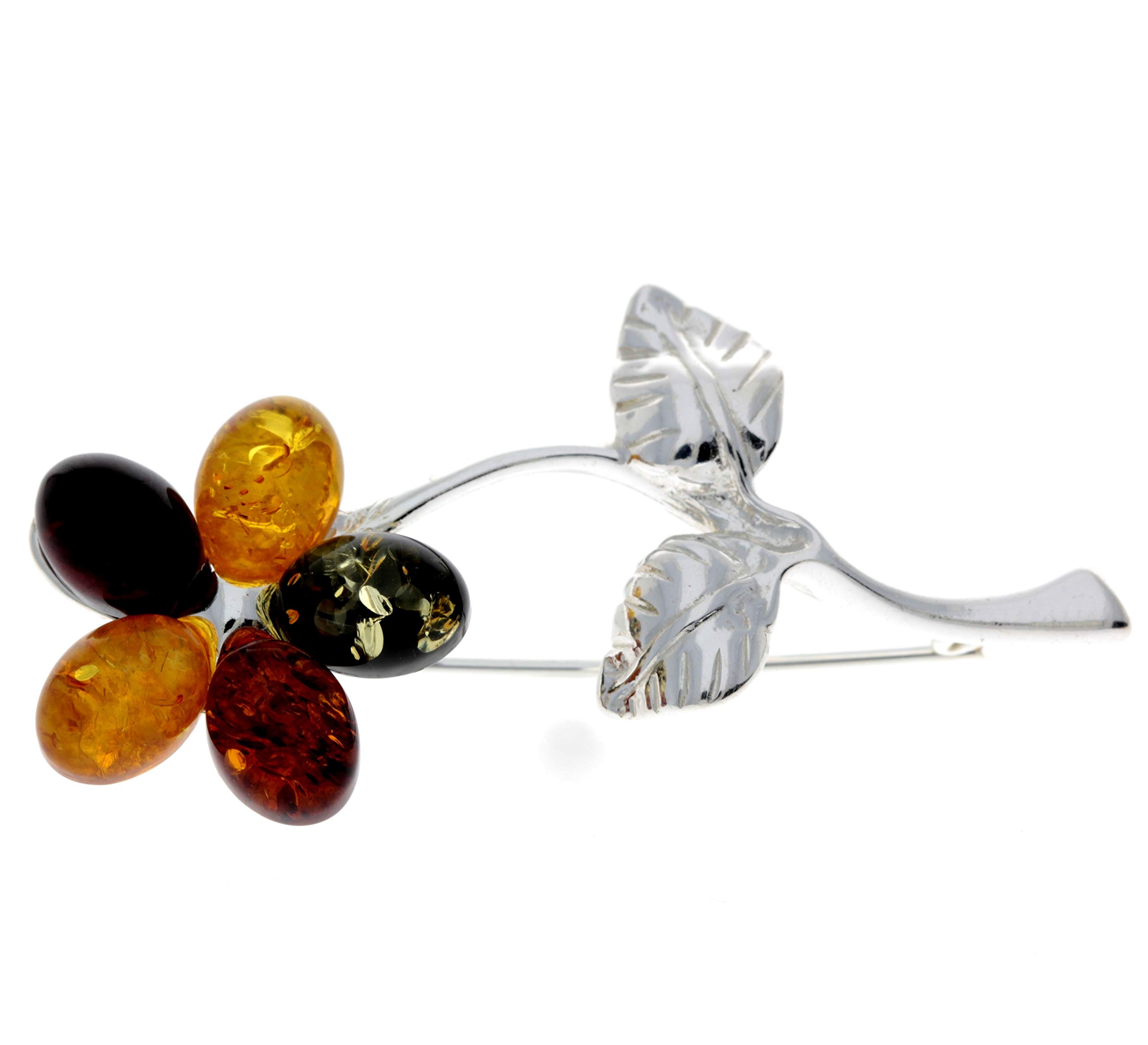 SilverAmber Jewellery Genuine Cognac Baltic Amber & Sterling Silver Exclusive Flower Brooch - AA801M