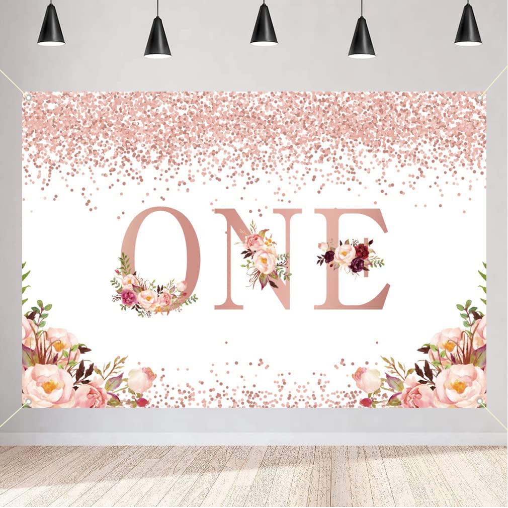 Happy 1st Birthday Decoration for Girl, Happy 1 Year Old Fabric Sign Poster Backdrop Banner, Glitter Rose Pink Floral Photography Background First Birthday Party Supplies, 150cm x 90cm