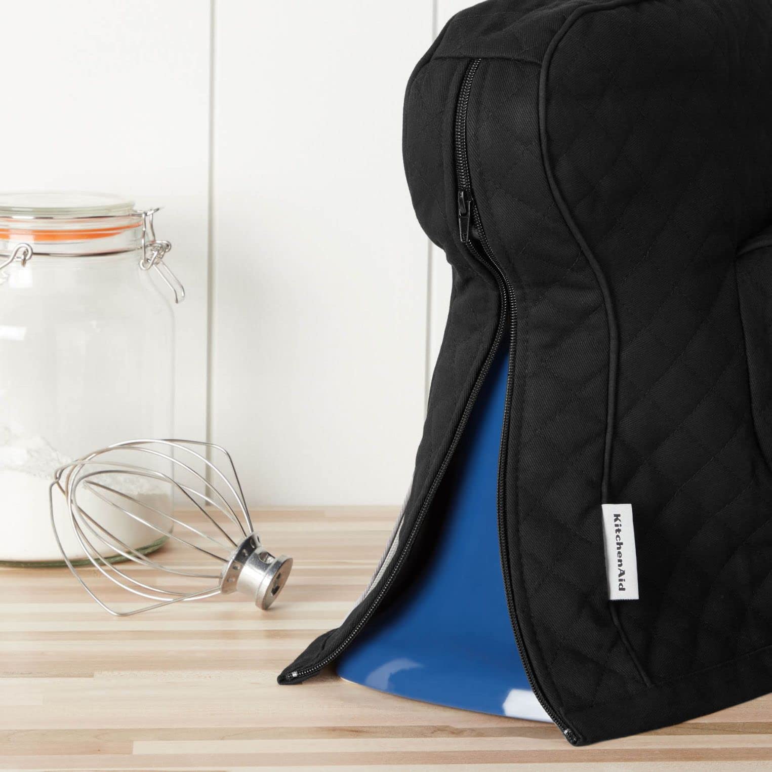 KitchenAid Fitted Tilt-Head Solid Stand Mixer Cover with Storage Pocket, Quilted 100% Cotton, Matte Black, 14.4