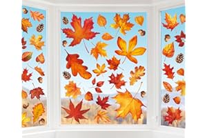 Whaline 9 Sheet Fall Window Clings Watercolor Orange-Brown Maple Leaves Reusable Window Decals for Autumn Thanksgiving Home Window Glass Decor