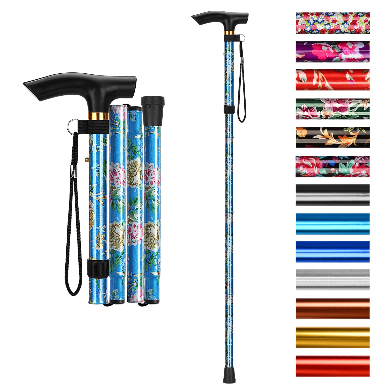 supregear Walking Stick - Adjustable Folding Walking Sticks for Women and Men - Lightweight Portable Collapsible Balancing Aid - Foldable Travel Cane for Ladies Elderly Adults, Blue Floral