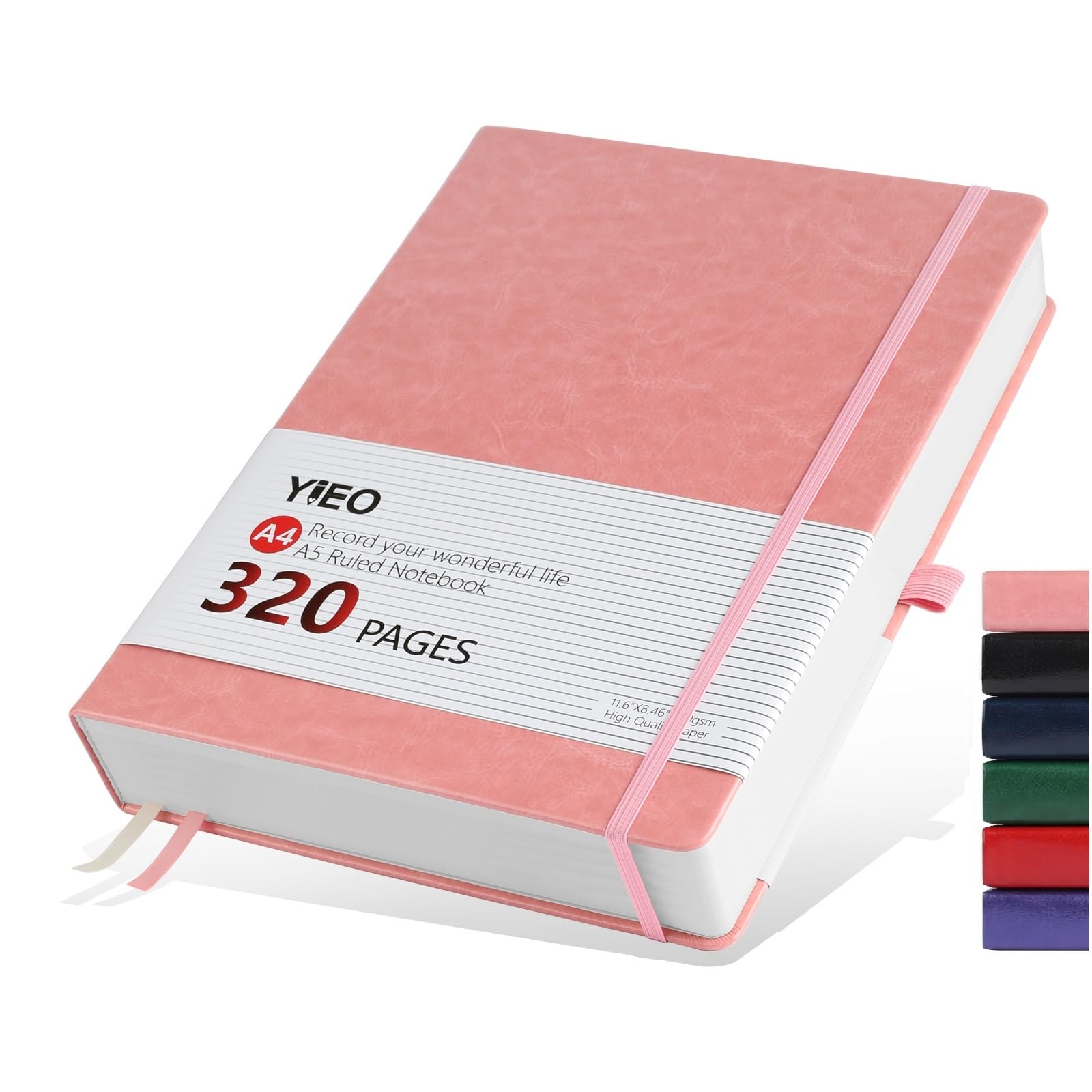 Notebook A4, Thick A4 Notebook Hardback Journal Notebook 320 Pages 100GSM A4 Lined Note Book, Extra Large Hardcover Notepad with Inner Pocket, Pen Loop, and 2 Ribbon Page Marker, 21.5 x 27.9cm-Pink