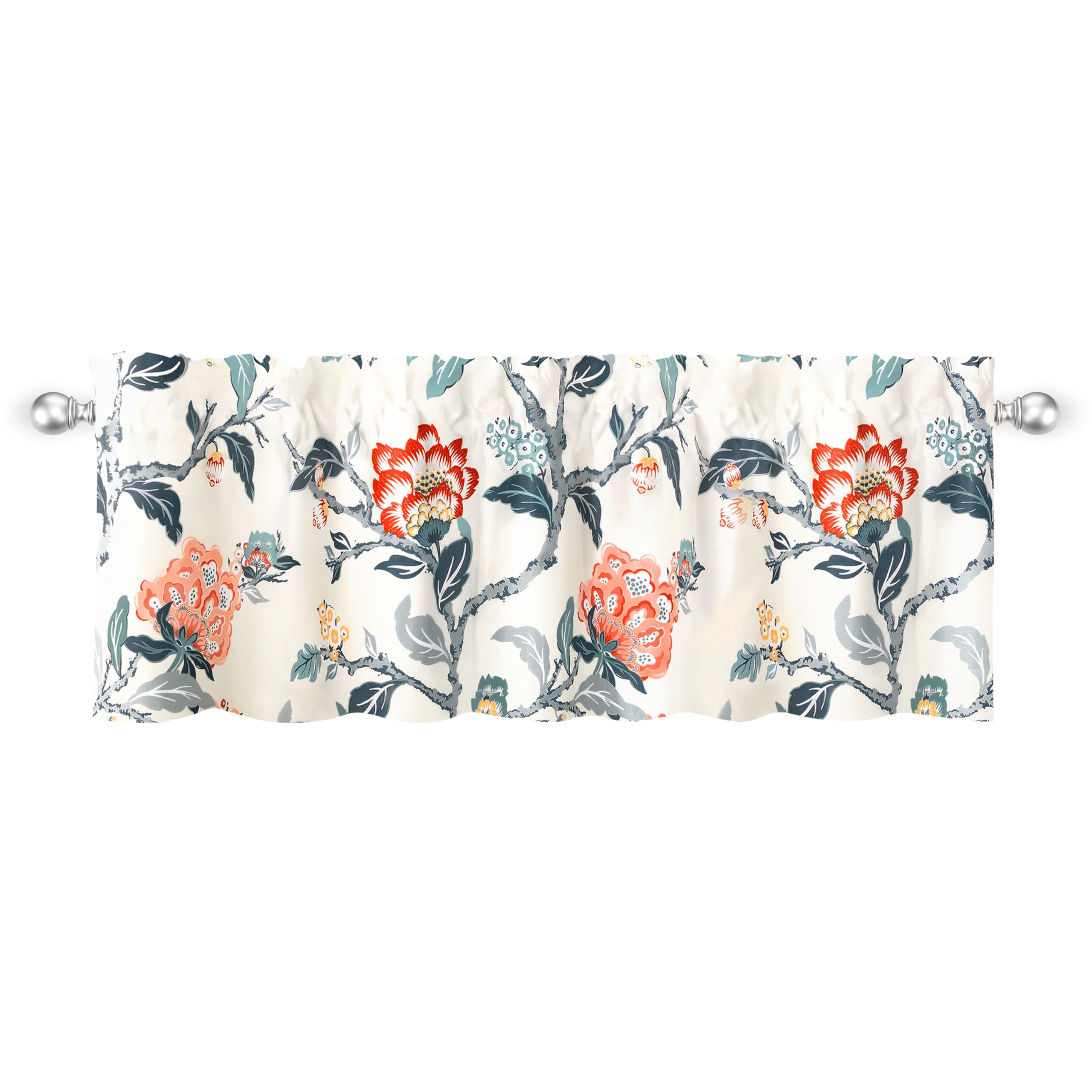 Photo 1 of DriftAway Ada Botanical Print Lined Flower Leaf Thermal Insulated Window Valance Rod Pocket 52 Inch by 14 Inch Plus 1.75 Inch Header Ivory Orange Teal 1 Pack