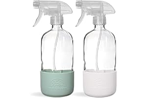 SAVVY PLANET Empty Clear Glass Spray Bottles with Silicone Sleeve Protection - Refillable 16 oz Containers for Cleaning Solutions, Essential Oils - Quality Sprayer - 2 Pack