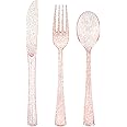 DecorWoo 180PCS Rose Gold Plastic Silverware Set, Disposable Glitter Rose Gold Cutlery, Utensils Set Includes 60 Forks, 60 Spoons, 60 Knives, Party Utensils for Valentine's Day, Brithday, Wedding