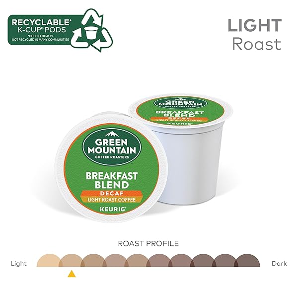 GREEN MOUNTAIN COFFEE ROASTERS BREAKFAST BLEND DECAF COFFEE, KEURIG SINGLE SERVE K-CUP PODS, LIGHT ROAST, 24 COUNT
