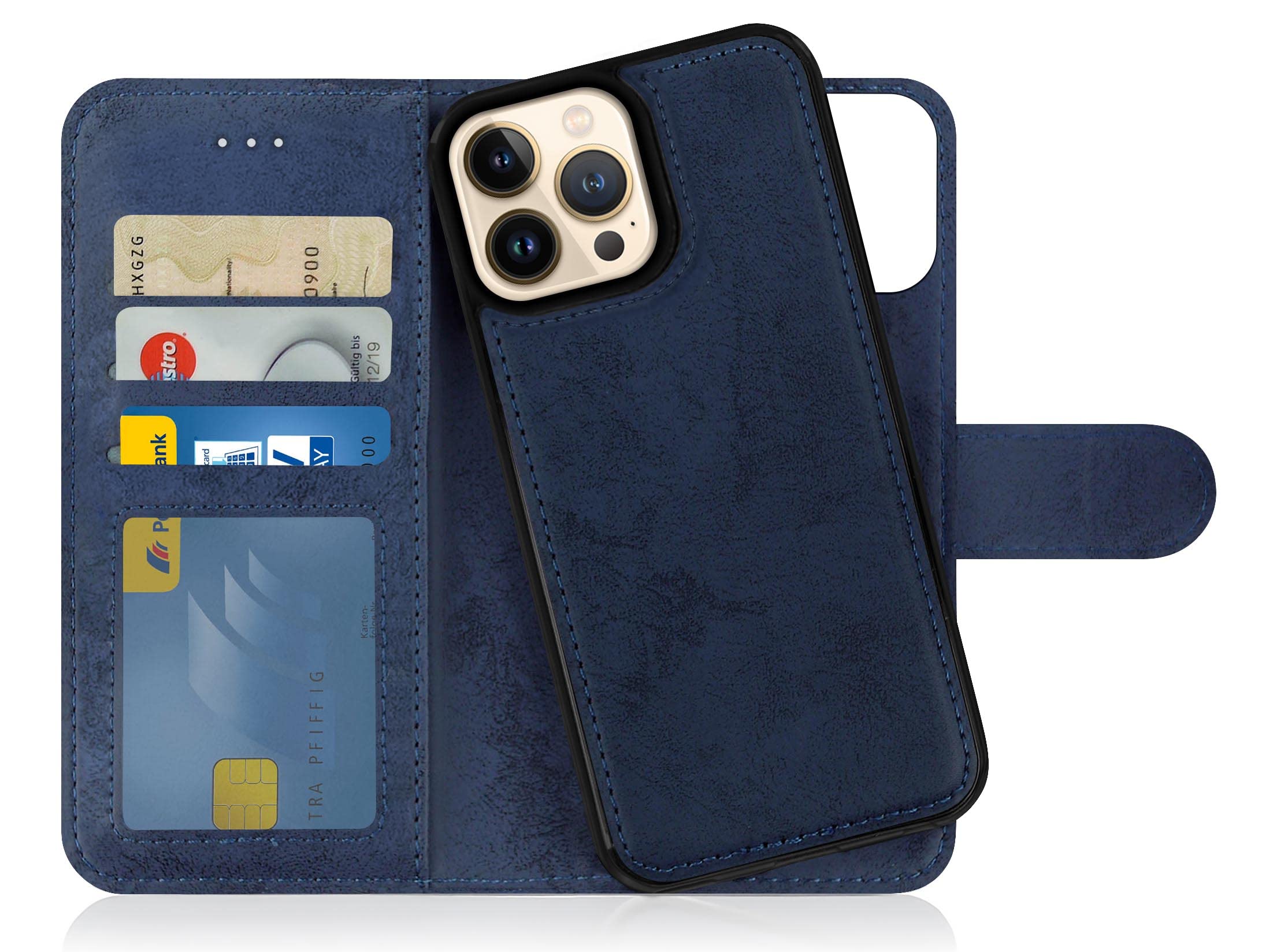 MyGadget Flip Case for iPhone 13 Pro Max - [ Removable Magnetic Cover ] - PU Leather Phone Case - [ Cover with Card Slot ] Protective Shell in Dark Blue