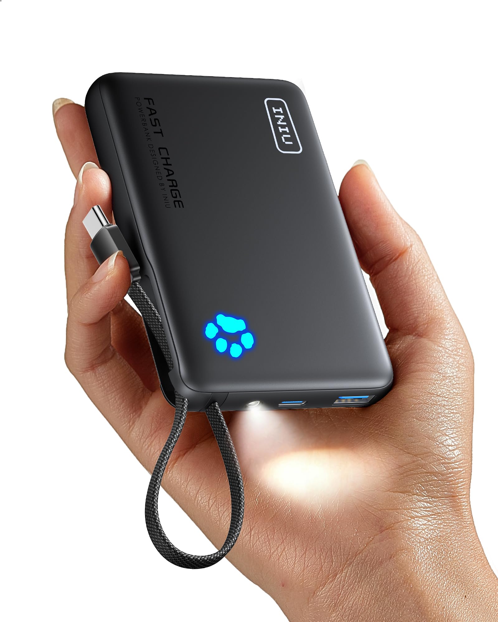 INIU Cargador portátil con linterna, banco de energía para tableta de carga rápida de 45 W con cable USB C, banco de energía de 10000 mAh, paquete de batería para iPhone 17 16, iPad, Samsung S25, etc. Esencial de viaje, luz de emergencia