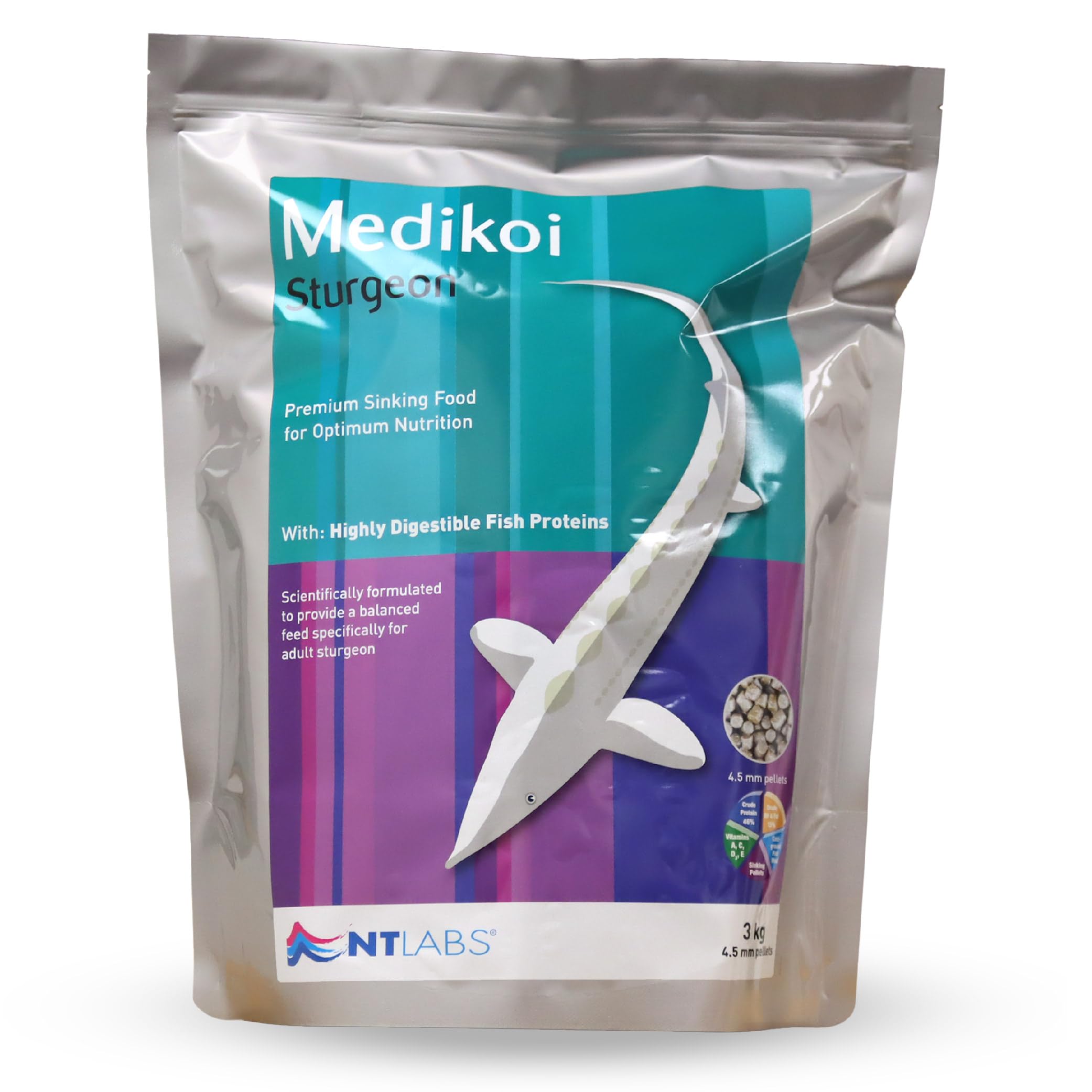 NT Labs Medikoi Sturgeon Multi-Season, Complete Feed For Sturgeon, Ideal For All Year Round Feeding, Fast Sinking Pellet, Highly Palatable Pond Fish Feed (3 kg)(4.5mm)(Standard)