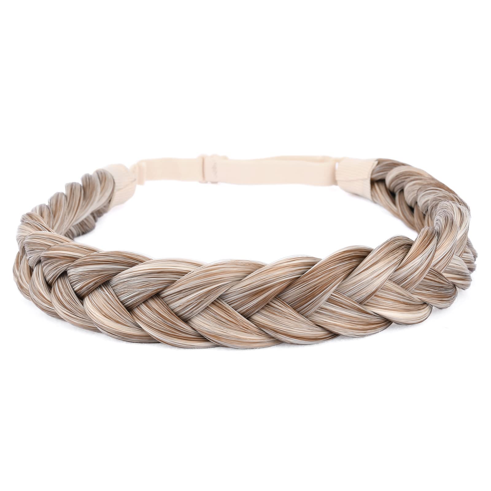 BOBIYA 2 Strand Synthetic Hair Braided Headband Classic Chunky Plaited Braids Elastic Stretch Hairpiece for Women Girl Beauty Accessory (Bleach Brown)
