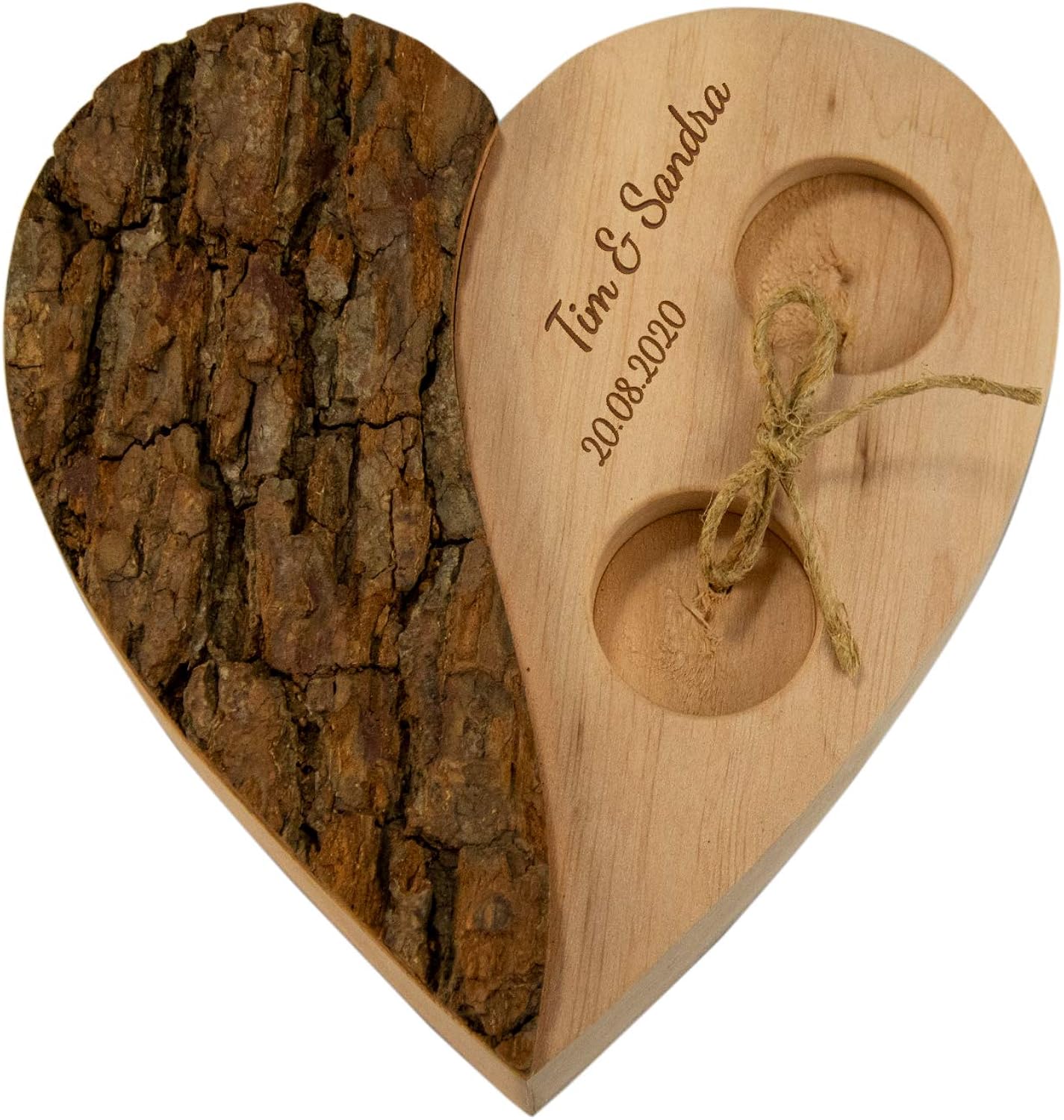 Holz Herz für Eheringe (personalisiert): Trauringe-Box mit Gravur - alternatives Ringkissen mit Namen und Datum graviert – Geschenkidee zur Hochzeit, Hochzeitsgeschenk Brautpaar
