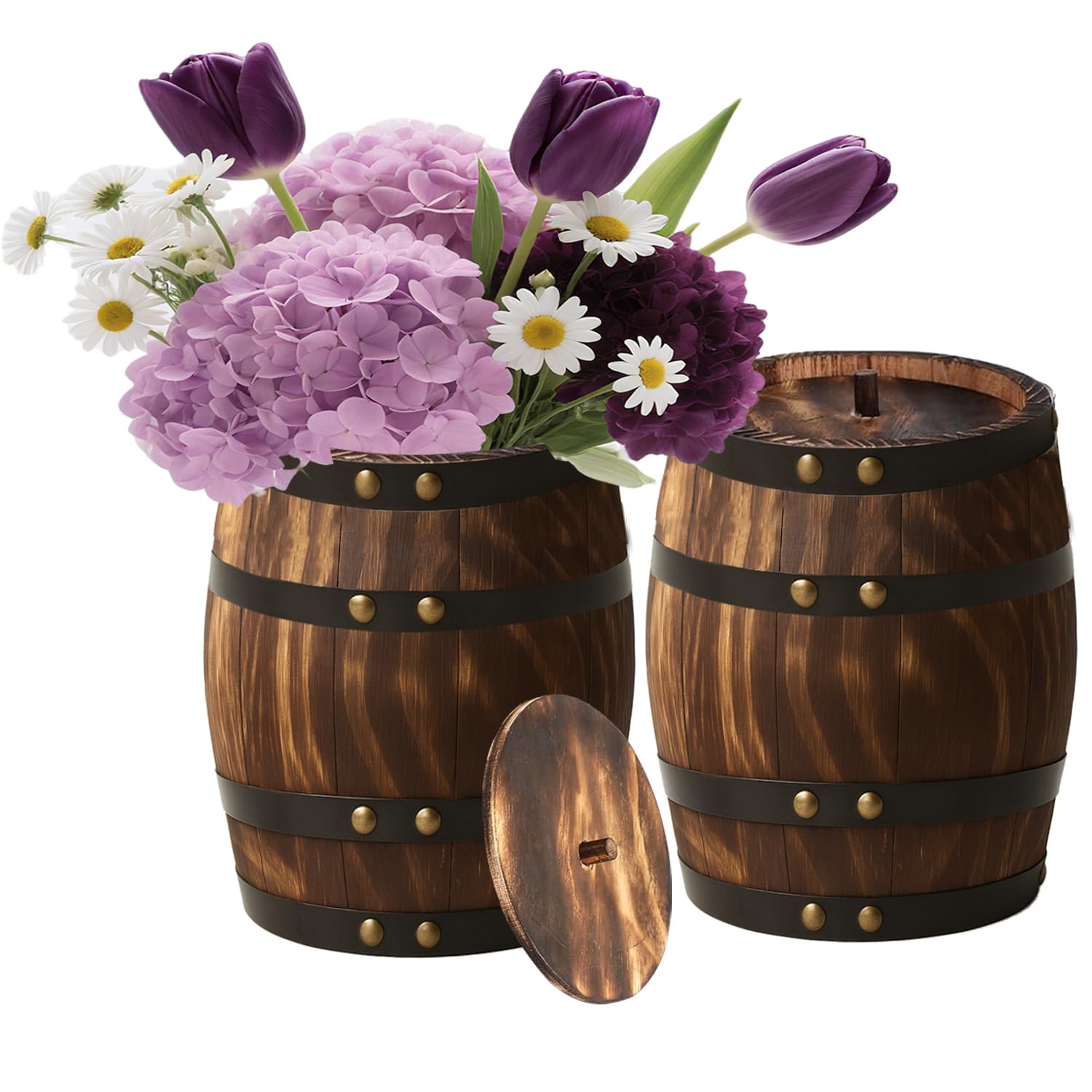 Photo 1 of ***TACKS COMING OFF & LIDS ARE STUCK*** 2 Pcs Wood Wine Barrel Vase 8" x 6.5" – Vintage Flower Vase Container Rustic Barrel Planter for Wedding Reception, Table Decoration, Home Indoor/Outdoor Garden, Kitchen, Party