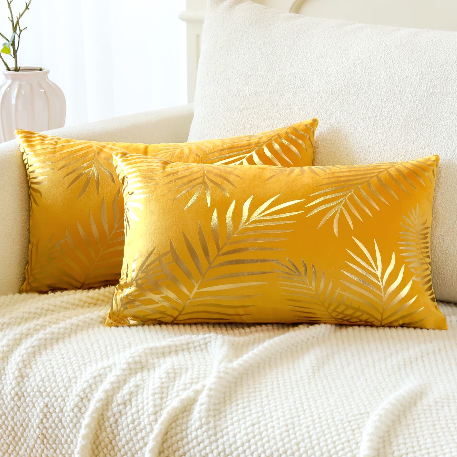 JOTOM Set of 2 Cushion Covers Velvet Decor Throw Pillow Covers Gold Leaves Decorative Pillow Cases Bronzing Flannelette Cushion Cover for Couch Bedroom Sofa Car Home Living Room Decor 30x50cm (Yellow) — image 1