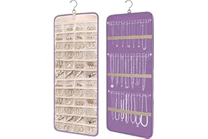 Tehttz Hanging Jewelry Organizer Roll with Hanger, Double Sided Jewelry Hanging Storage Holder with 48 Pouches and 21 Necklac