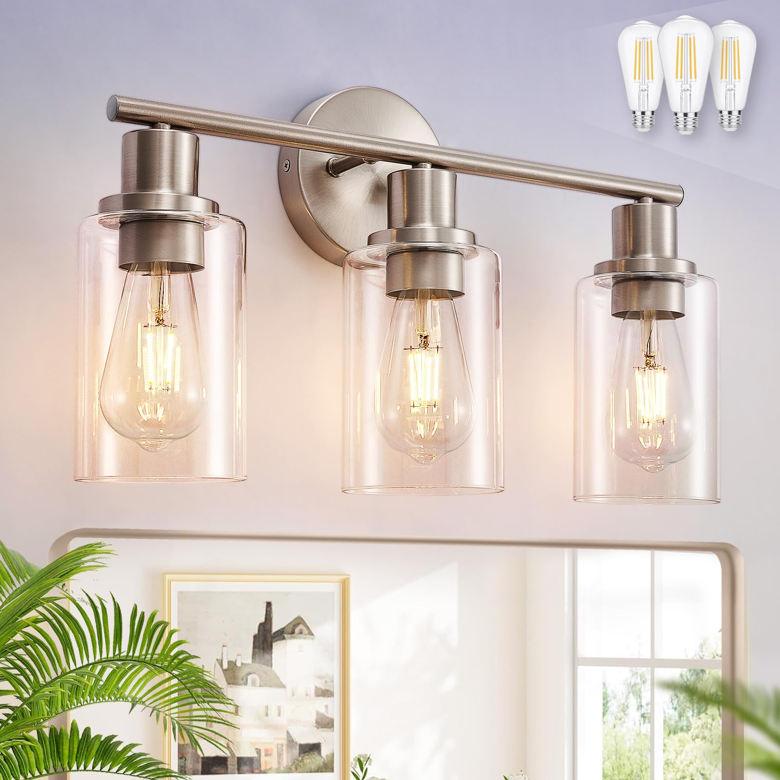 Photo 1 of DLLT 3-Light Bathroom Light Fixtures: Nickel Modern Vanity Lights with E26 Bulbs - Clear Glass Shade Bathroom Wall Lamp for Mirror Kitchen Living Room Hallway Cabinet Porch