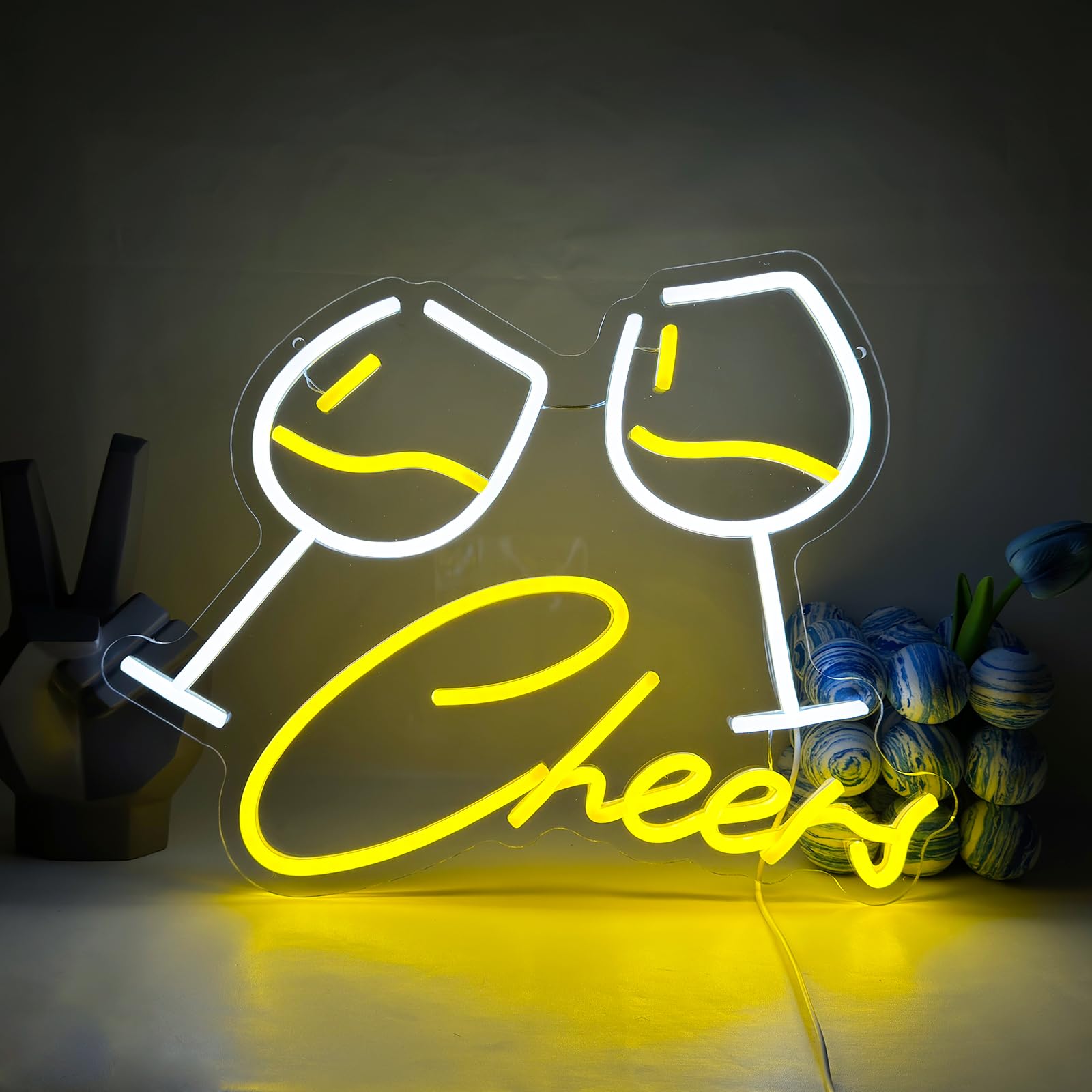UExnkj-Y Cheers Neon Sign yellow and white neon lettering wine glass sign USB powered LED neon light for cocktail bar, club, party, nightclub, gift