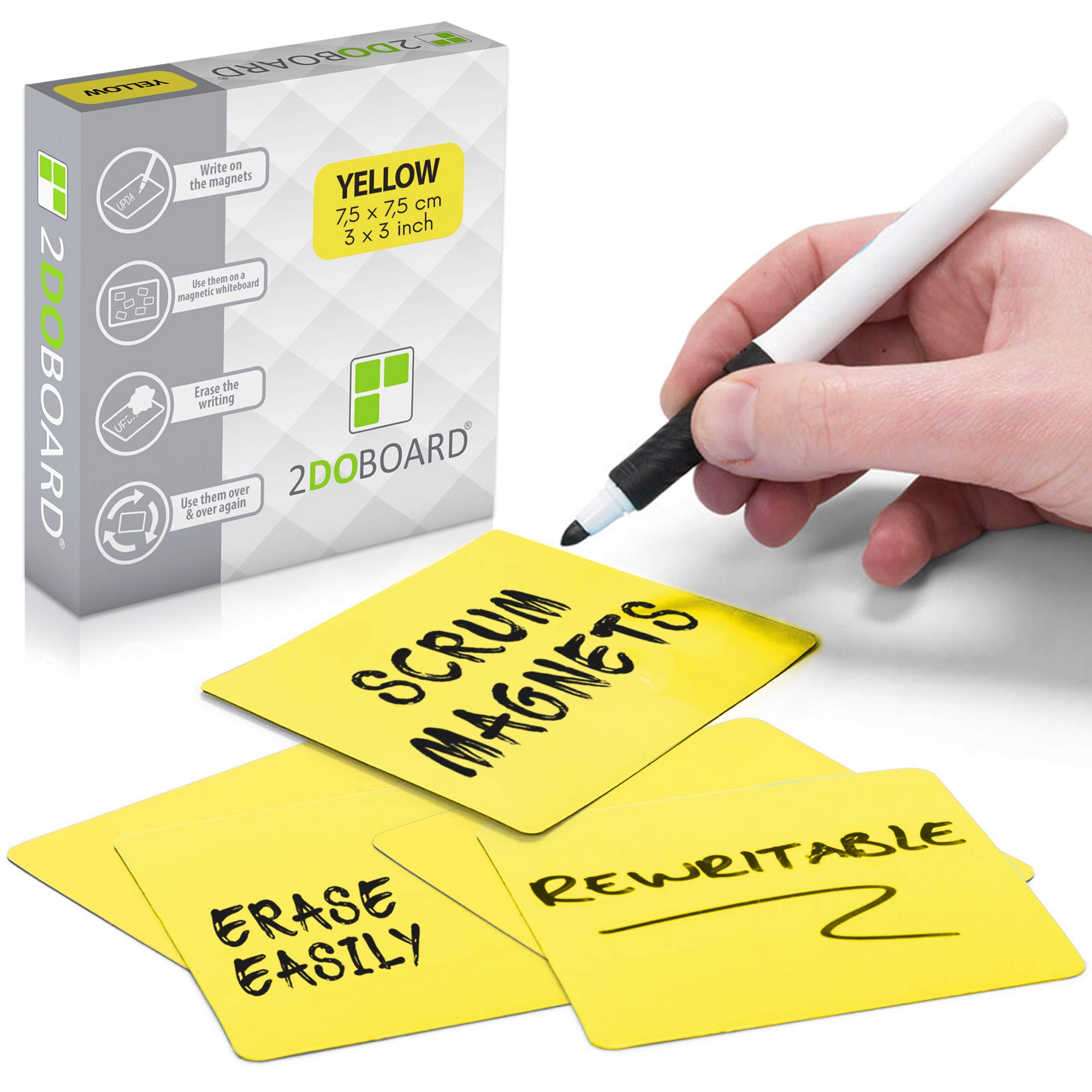 2DOBOARD 25 Magnetic Notes - Magnetic Sticky Notes 3 x 3 in – Fun Dry Erase Whiteboard Magnets for Fridge, Office, Classroom - Easy to Clean & Reuse Stick Notes (Yellow)