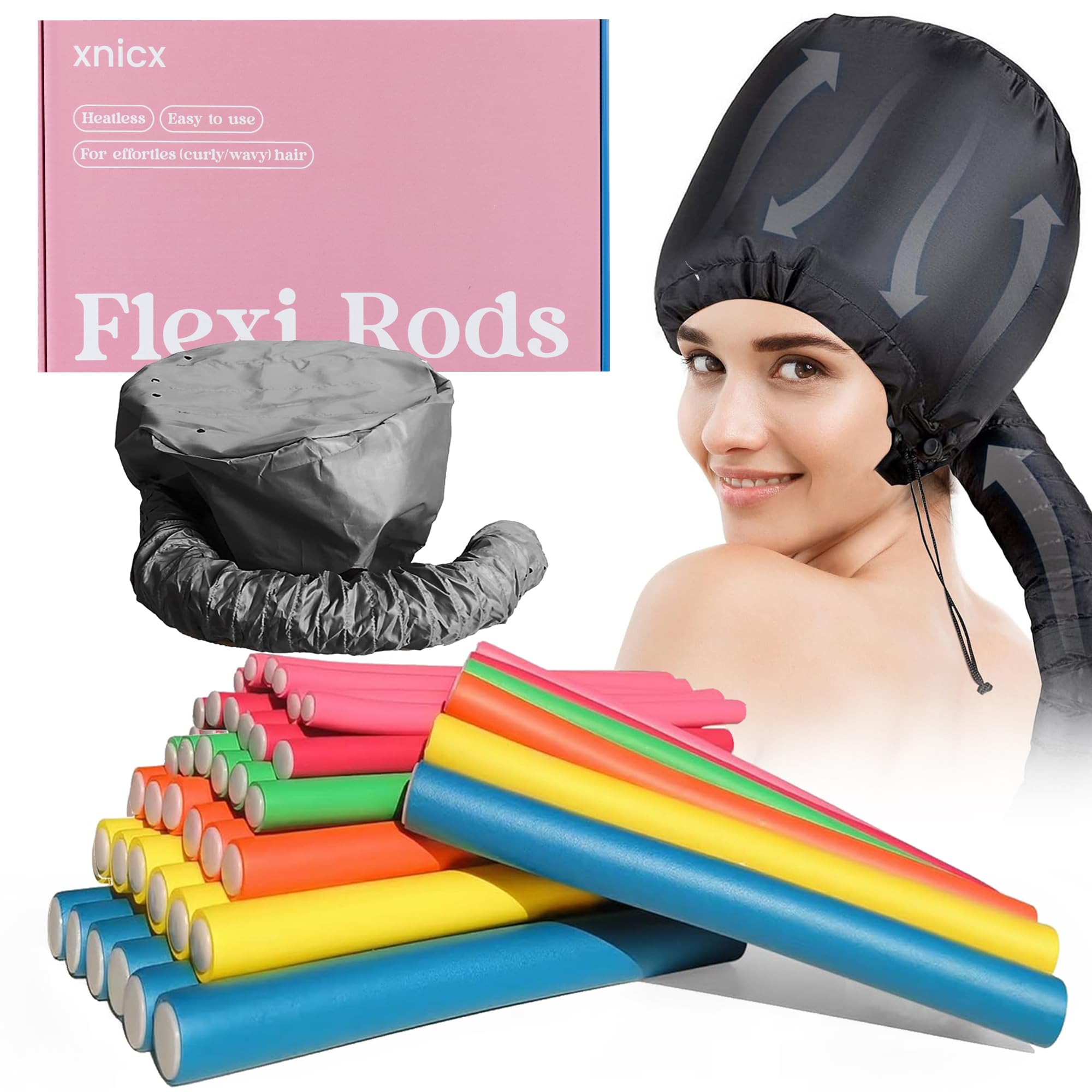 xnicx 42pcs 7" Hair Rollers,Bendy Foam Flexi Rods for Long,Short Hair,Heatless Curlers no Heat for Sleeping Overnight,with Hair Dryer Bonnet for Quick Shaping(Black) for Styling,Salon