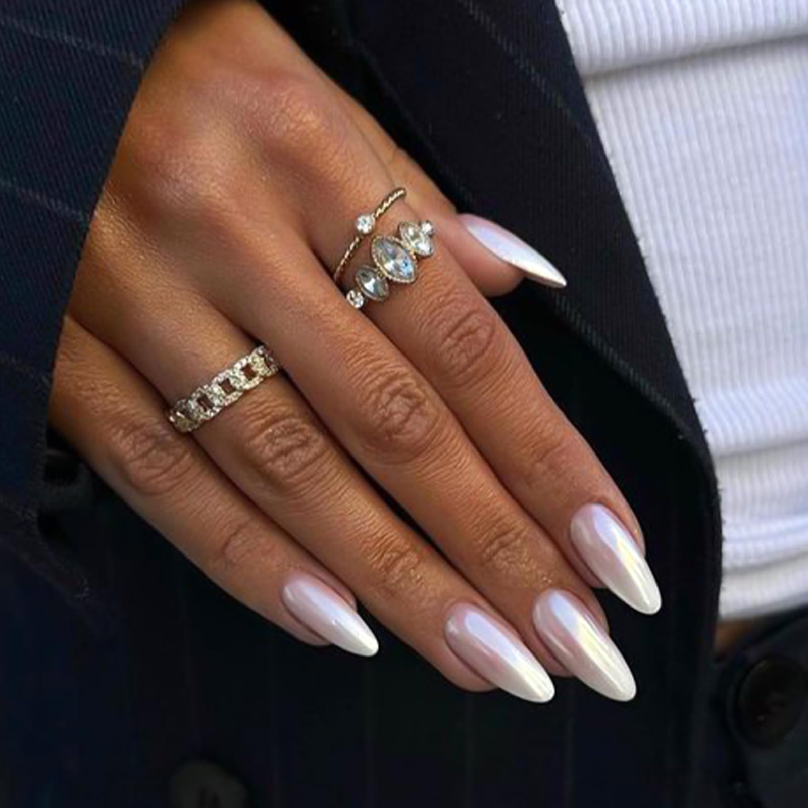 YOSOMMK Chrome Fake Nails Almond Medium Press on Nails with Mirror Designs Glossy Ombre Nude False Nails Stick on Acrylic Nails for Women - Image 3