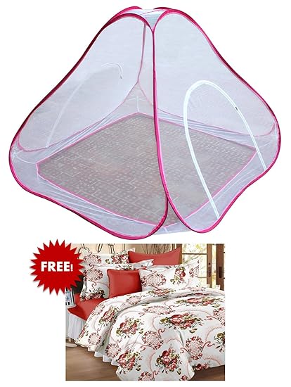 Bedspun Double Bed Pink mosquito net double bed Free Double Size Elegent 100 % Cotton Floral Bedsheets with 2 Pillow Covers, Vermilion