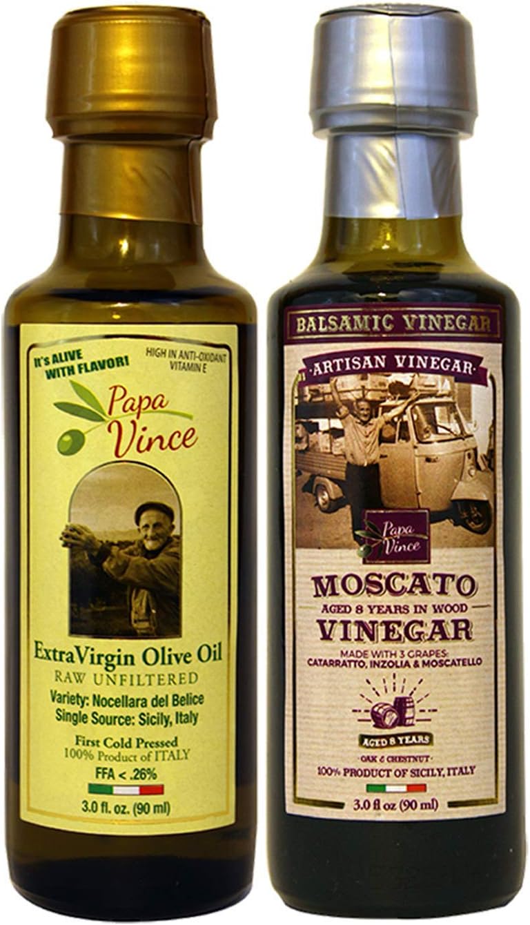 Papa Vince, Made in Sicily - Set of 2 Small Bottles (90ml) Travel/Gift Pack - Extra Virgin Olive Oil & Moscato Wine Vinegar – Aged 8 Years. 100% Natural