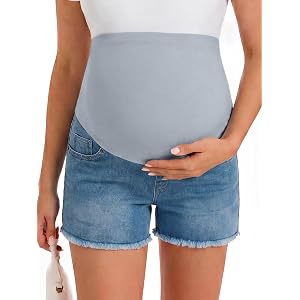 Summer Mae Cool-Touch Maternity Jean Shorts, Soft Breathable Denim Shorts | Stretchy Over Belly Panel, Frayed Hem, Relaxed Fi