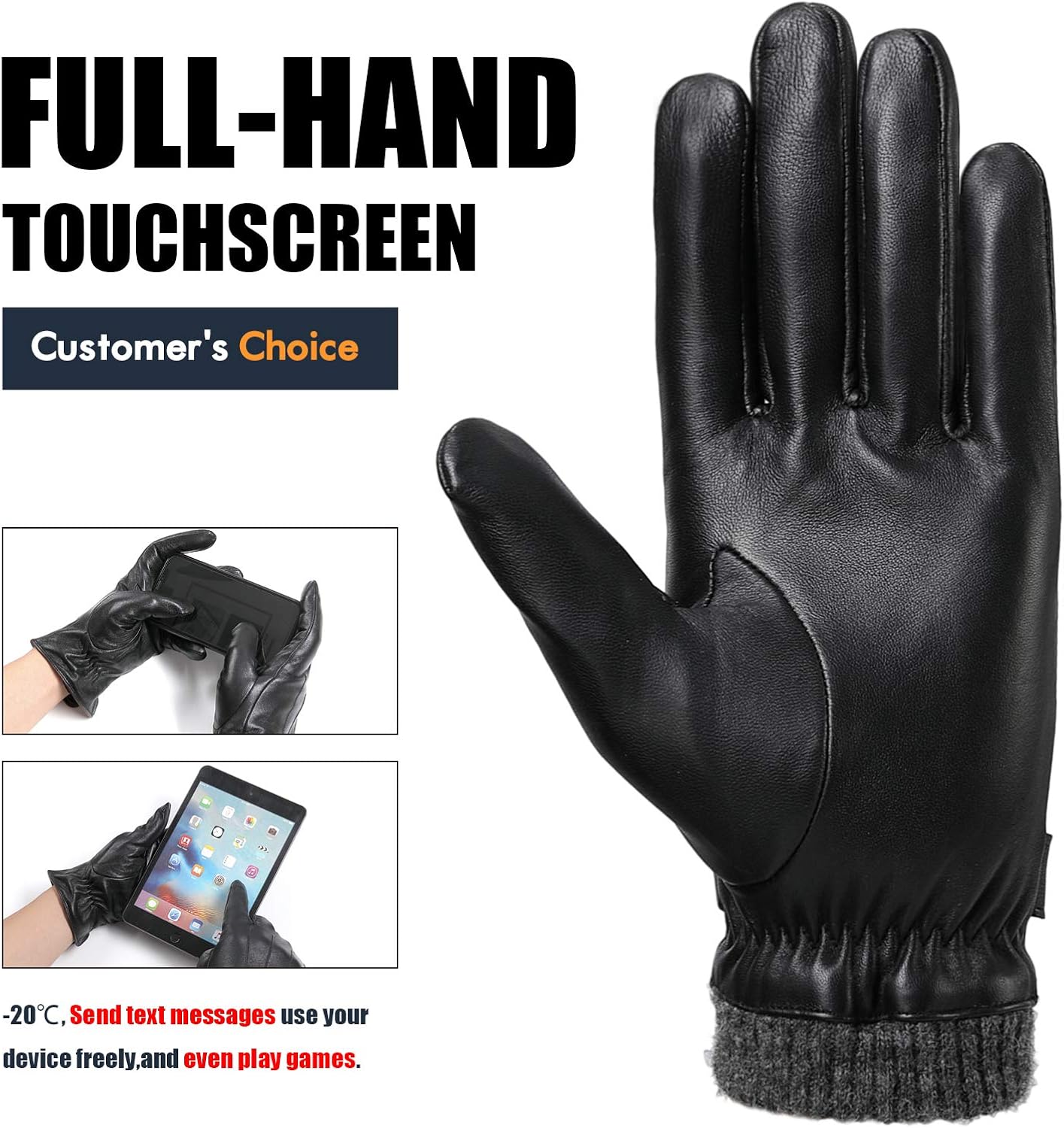 Leather Gloves for Men, with 3M Thinsulate Full-Hand Touchscreen Texting Driving Cold Weather Mittens at  Men’s Clothing store