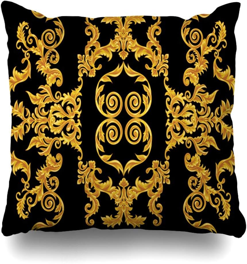 akingstore Set of 4 Throw Pillow Cover Square 18x18 Inches Rococo Abstract Baroque Versace Pattern Antique Wall Black Circle Damask Floral Cushion Case Home Decor Pillowcase