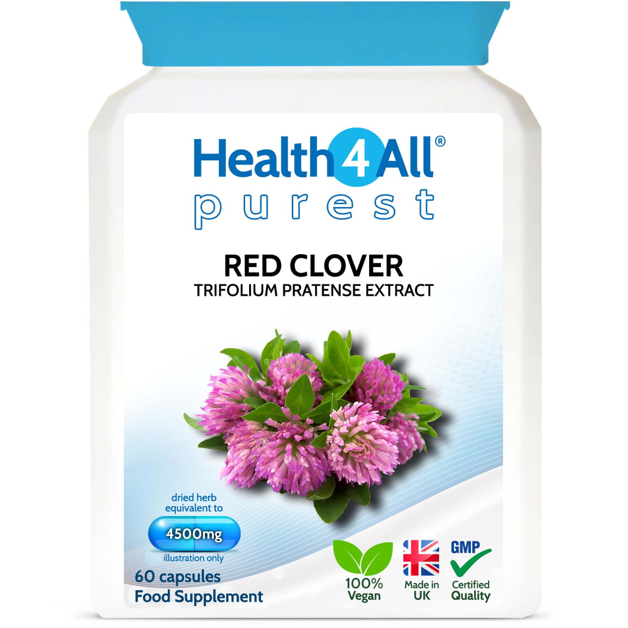 Health4All Red Clover 4500mg 60 Capsules 2 Months Supply, High Strength Extract 24mg Isoflavones Each Capsule, Menopause Support & Hormone Balance Vegan Supplement | Made in UK