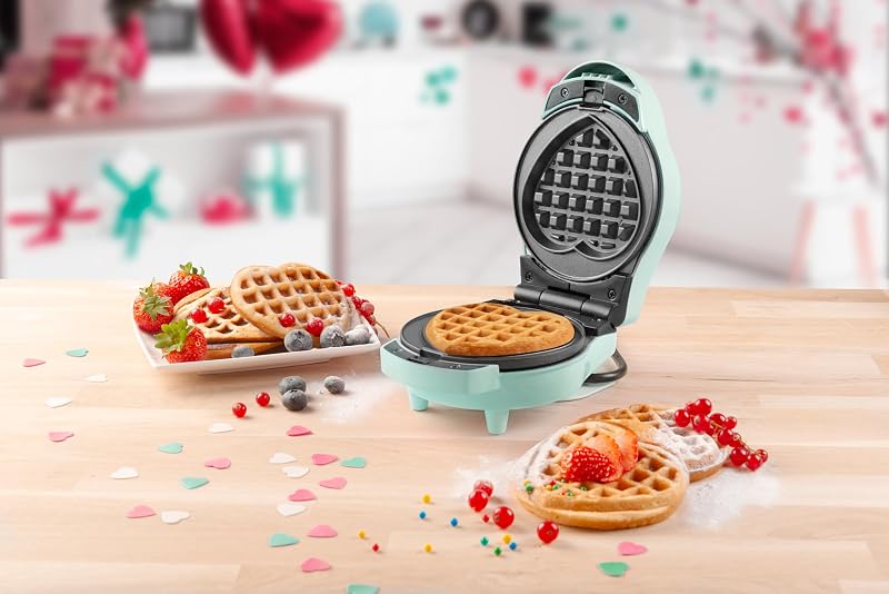Mini Piastra per Waffle 12,5 cm – Piastre Rotonde e a Cuore – Rivestimento Antiaderente – Manico Cool Touch – Spie Luminose – Macchina per Mini Waffle di Bruxelles - Blu - AMW500MD