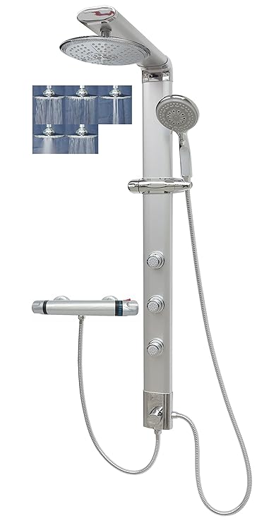 Duschsystem mit Thermostat Duschpaneel Brausepaneel Duschsäule Regendusche mit fünf Strahlarten Massagedüsen Eck & Wandmontag