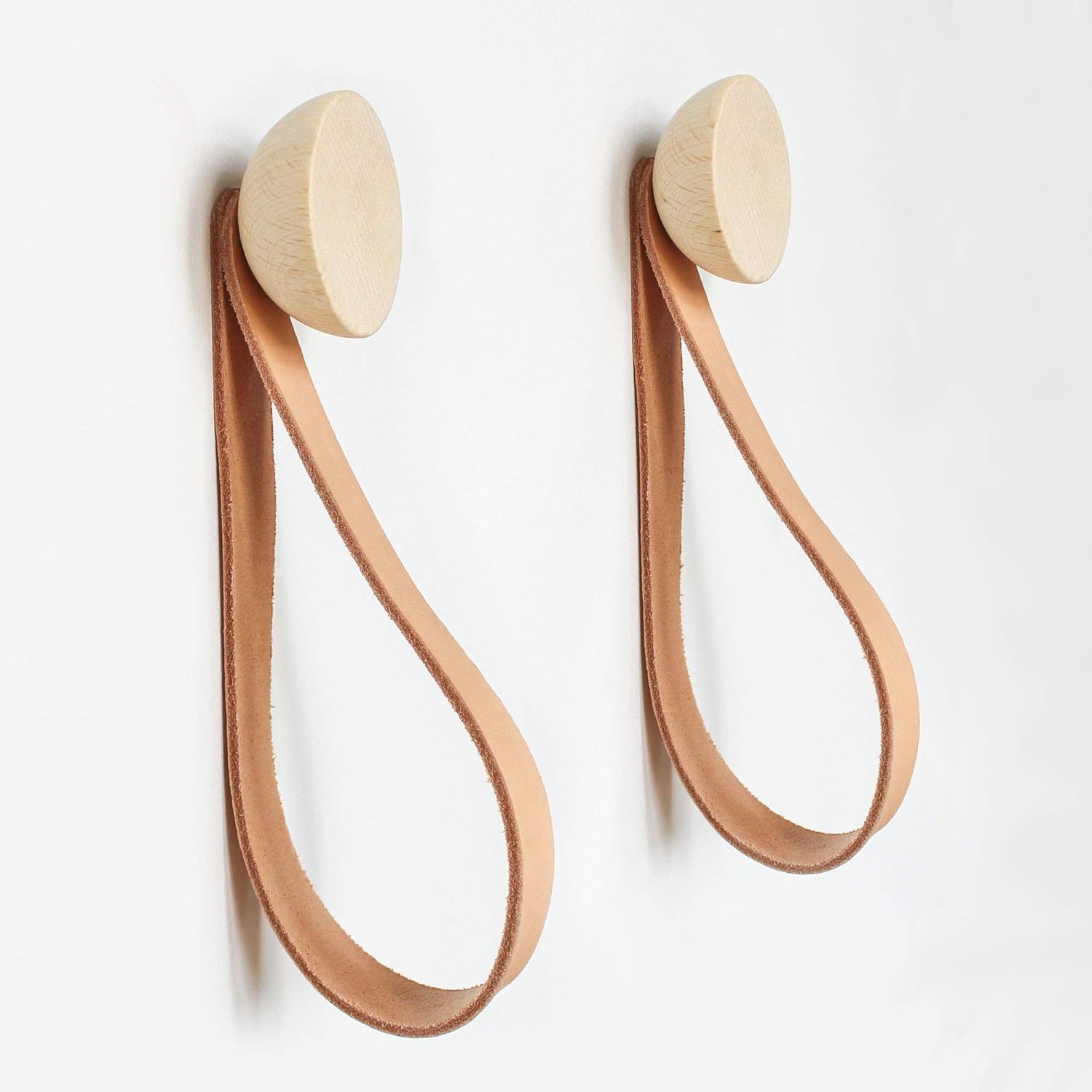 Round Beech Wood Wall Mounted Coat Hook/Hanger With Leather Strap (Set of 2 ø1.9