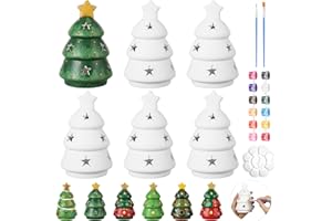 Meanplan 11 Pcs Christmas Ceramic to Paint Include 6 3D Christmas Tree with 2 Strips of Paints, 2 Brushes, 1 Palette, Paint Your Own Ceramic DIY Gift for Xmas Adult (5")