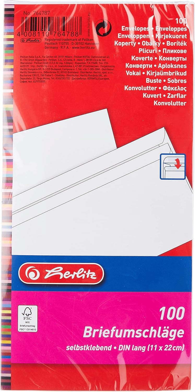 Herlitz DIN Long Format envelopes, Peel and Seal with Window, Pack of 100 with Inner Print in Sealed foil Packaging, White Without Window dl White