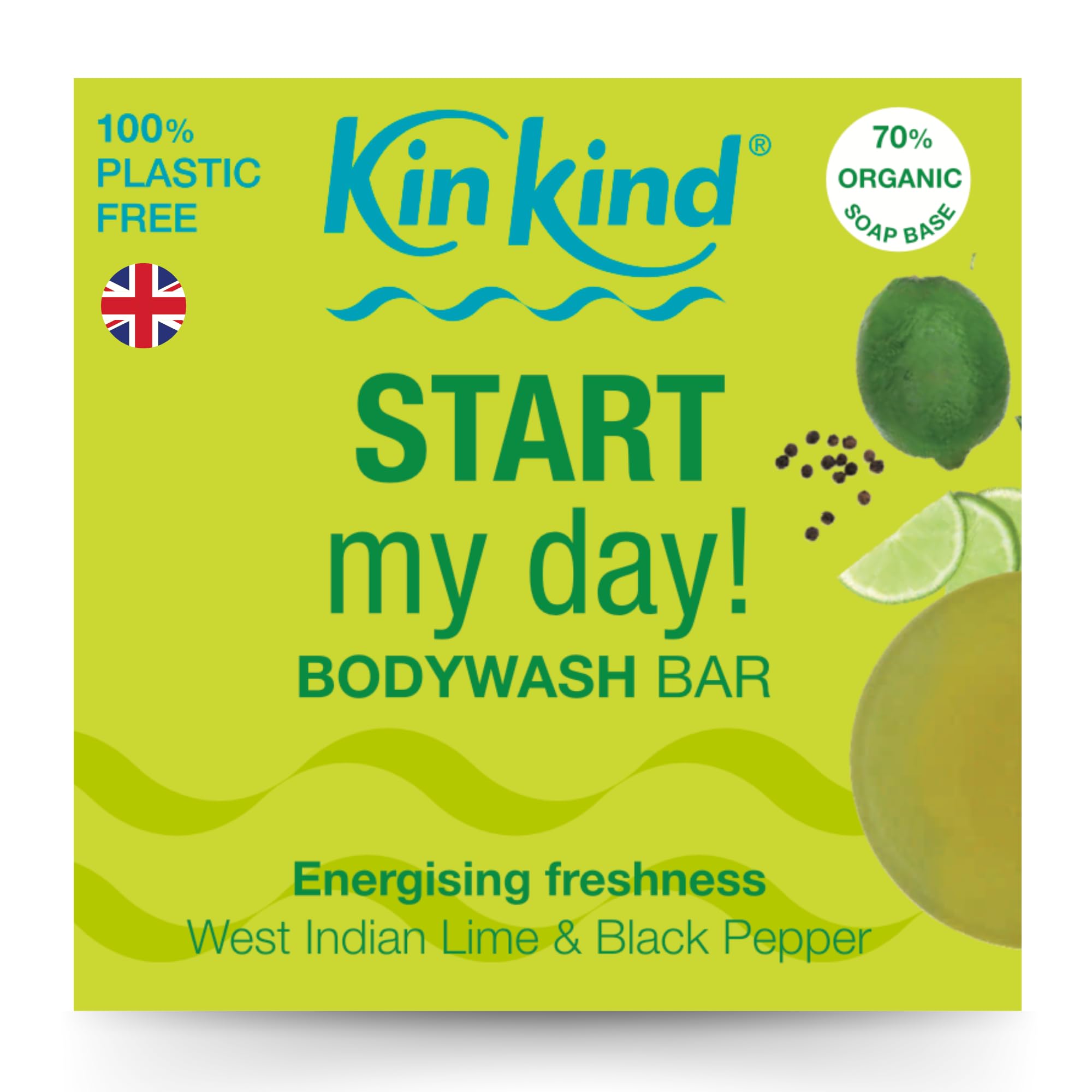 KinKind START my day! Bodywash bar. Bursting with West Indian Lime and Black Pepper fragrance. Organic soap bar. Plastic-free, Paraben-free, Vegan, Cruelty-free. Made in UK — image 1
