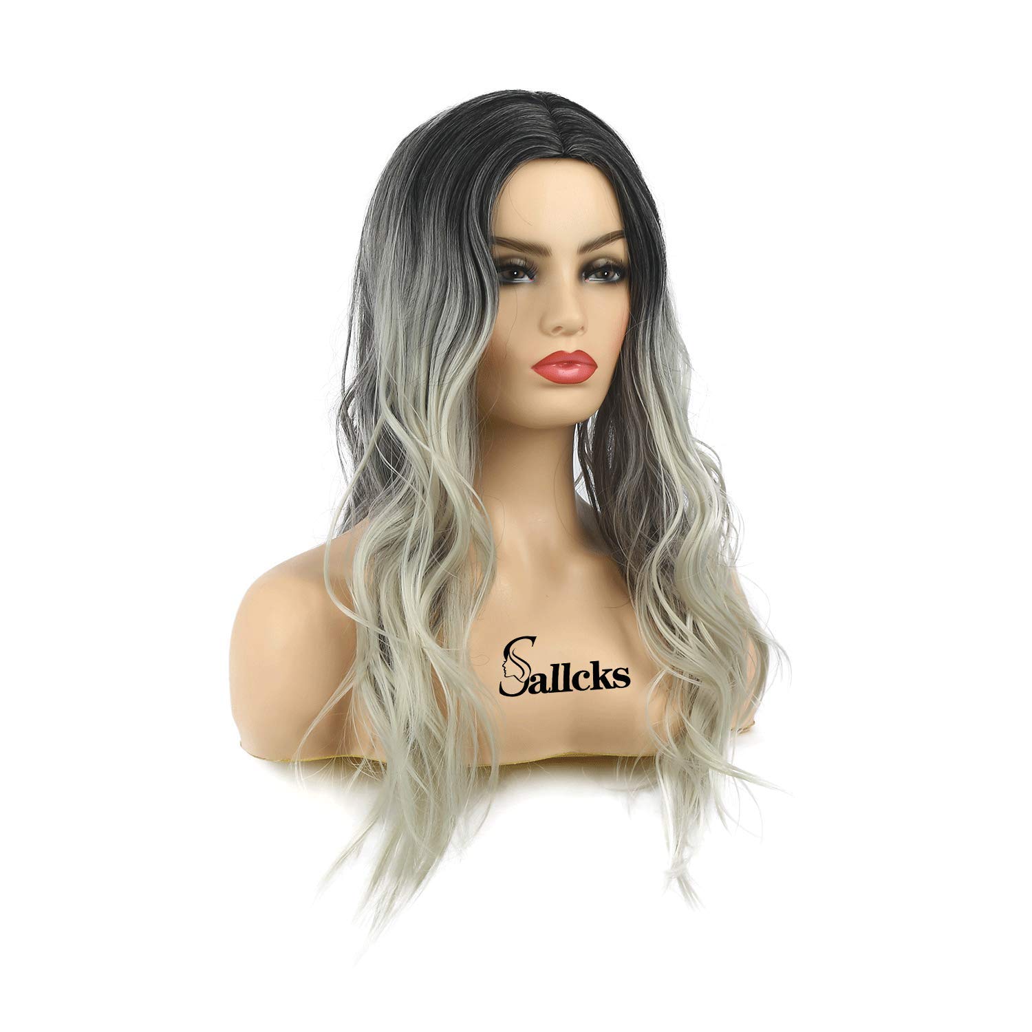 Sallcks Womens Long Curly Wavy Ombre Gray Wigs Dyeing Color Synthetic Replacement Wigs Heat Resistant Party Daily Wig with Wig Cap