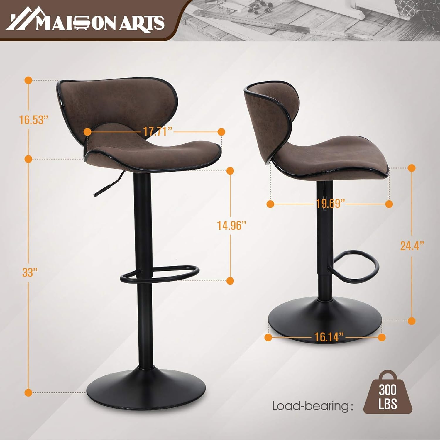 MAISON ARTS Counter Height Bar Stools Set of 2 Swivel Adjustable Barstools with Back for Kitchen Counter Tall Bar Height Chairs Faux Leather High Stools for Kitchen Island,300 LBS Bear Capacity,Brown: Kitchen & Dining
