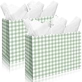 Kolldenn 24 Pcs Gingham Party Supplies Green and White Gift Bags 16 x 12 x 6 Inch Kraft Paper Checkered Plaid Candy Goodie Party Favors Bags for Easter Picnic BBQ Birthday Baby Shower Wedding