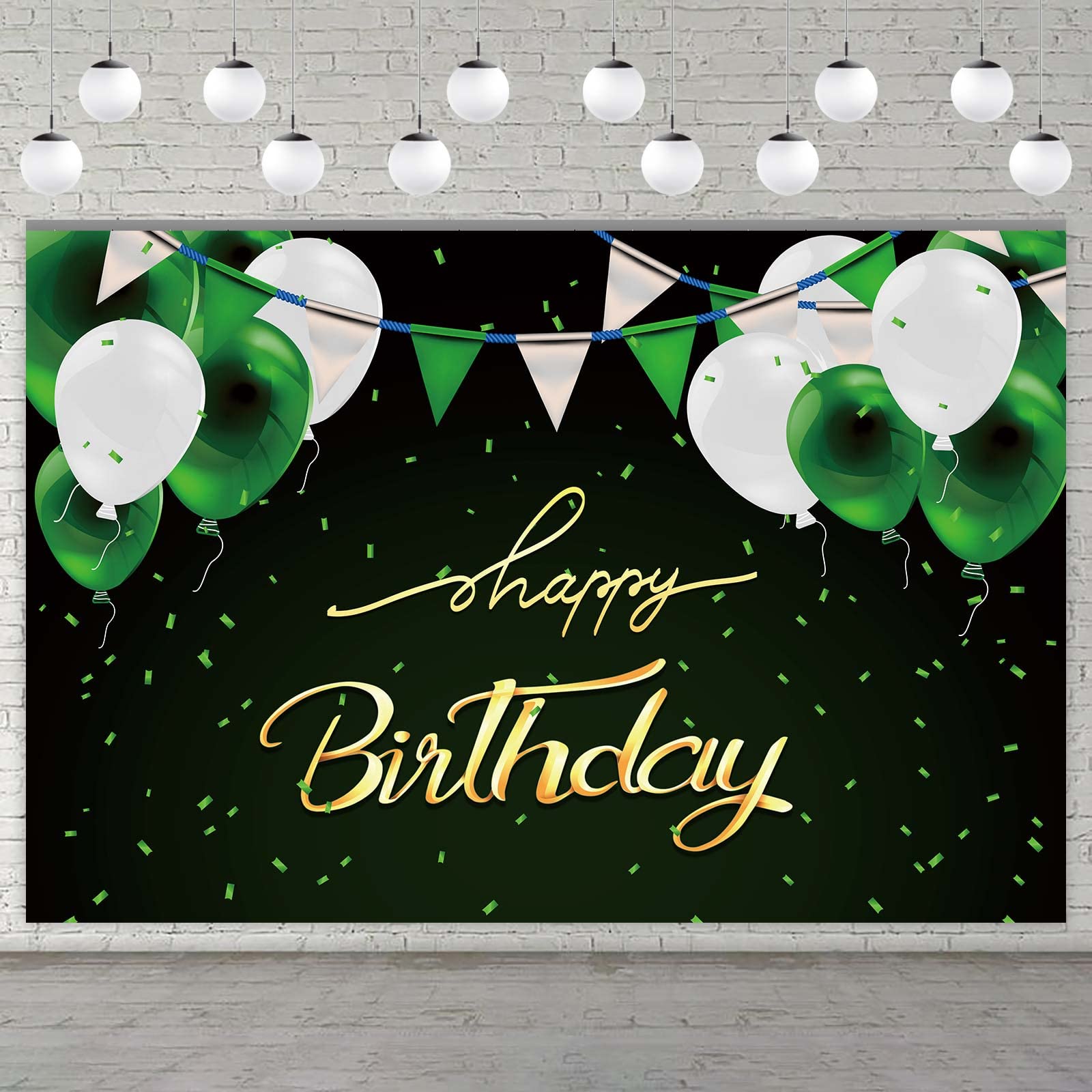 Photo 1 of Happy Birthday Black Banner Backdrop Background Photo Booth Props Green White Balloons Theme Decor for Anniversary Birthday Party Favors Supplies Decorations