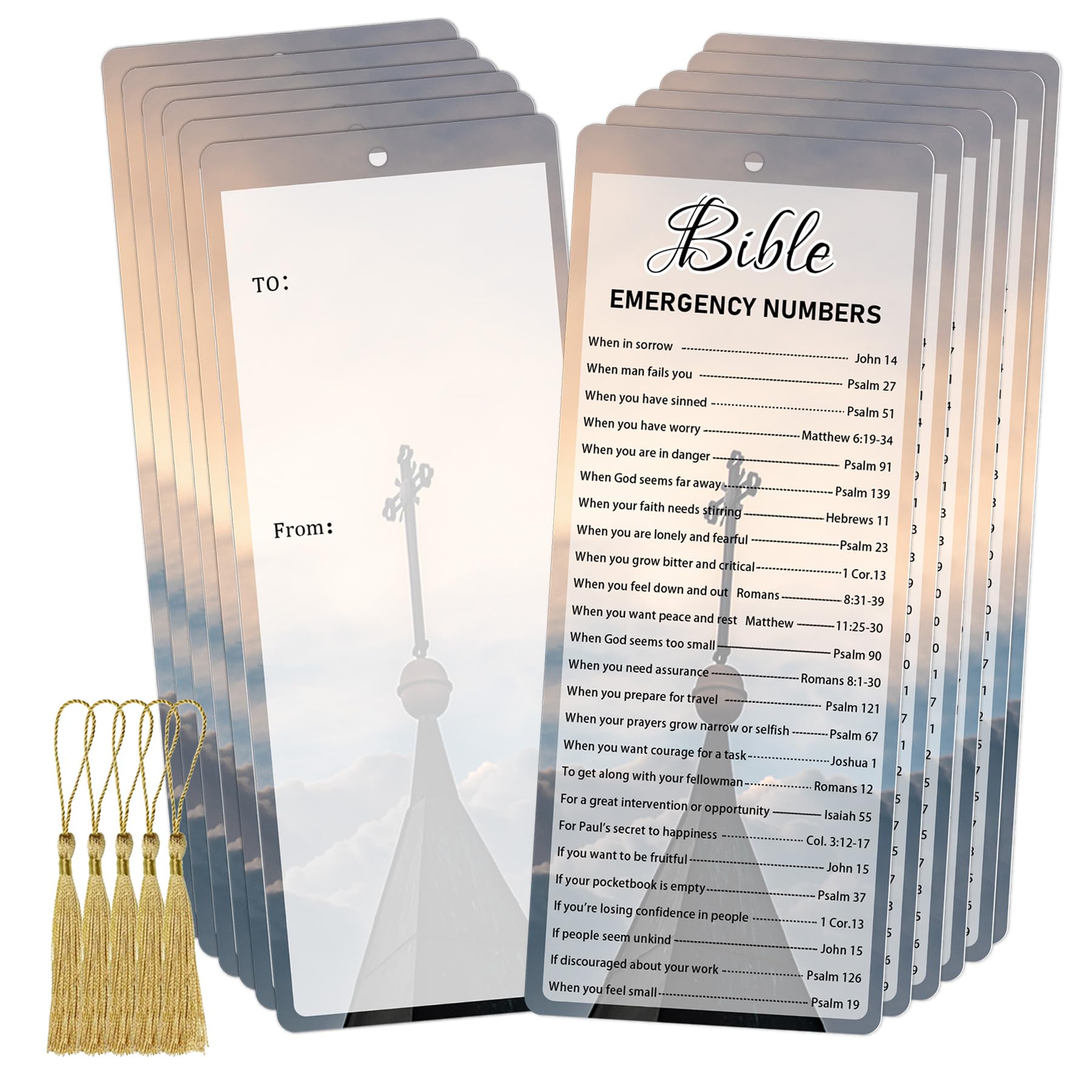 Bible Emergency Numbers Bookmark Christian Bookmark Card with Tassels Bible Verse Cross Inspirational Book Marks for Churches Sunday School Prayer Reading Rewards 50 PCS