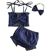 Emmababy Baby Girl Denim Outfits Ruffle Sleeveless Top and Jeans Shorts Set Western Toddler Clothes Infant Cowgirl Outfit