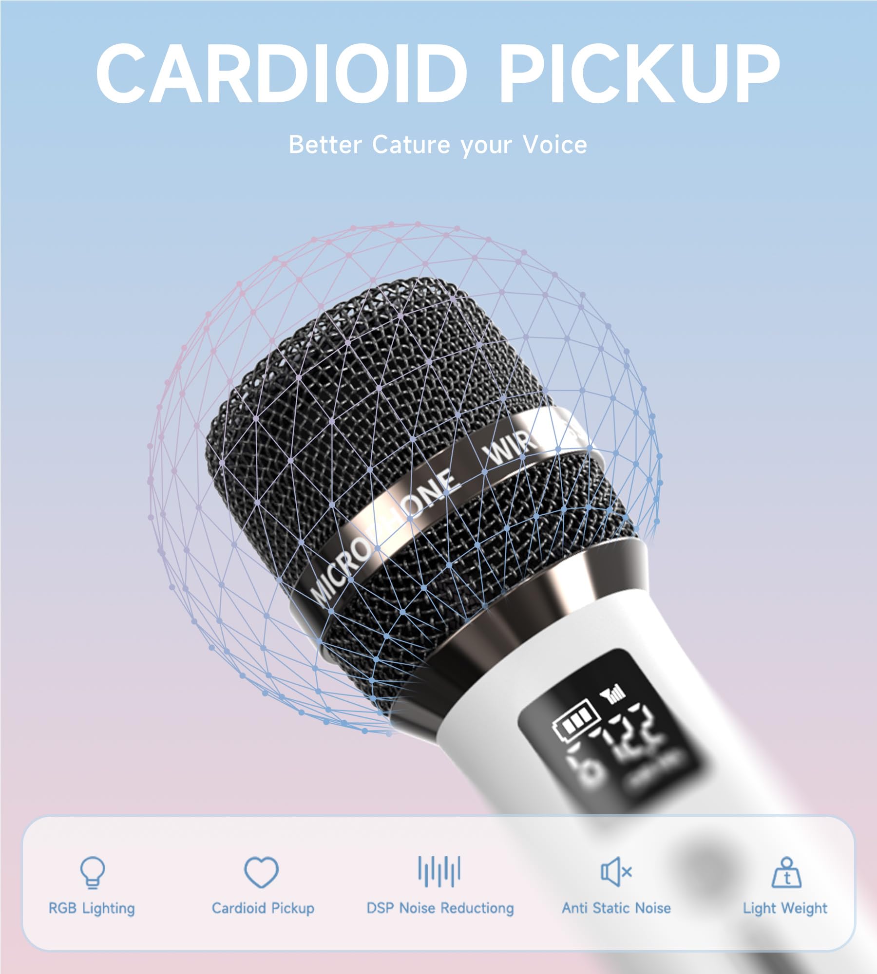 Wireless Microphones, Microphone with One-to-One Chip Connection and LED Lights, 40H Duration, 200FT Range Receiving, Volume Control Karaoke Microphone for Singing, Speech, Home Party, YouTube/TikTok