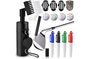 GOLDGE 10pcs Complete Golf Essentials Kit - Including Pro Club Brush Cleaner with Retainer Clip, Squeeze Water Bottle, Groove Sharpener & 8 Pcs Precision Ball Markers (4 Stencils & 4 Markers)